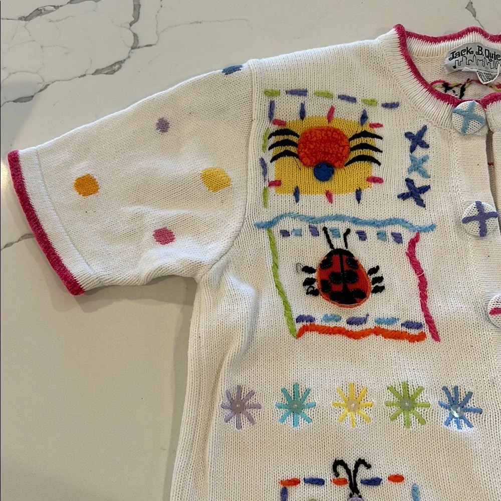 Vintage White Short Sleeve Cardigan Sweater Colorful Insects 🐞 🐌 🦋 🐝 🕷️ 🌻 - Picture 3 of 16